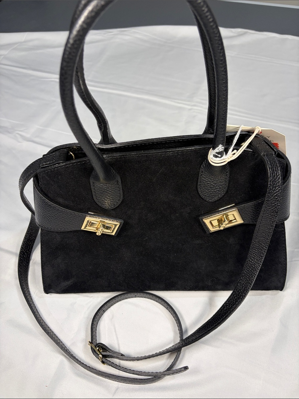 Black Suede Top-Handle Satchel with Gold Hardware